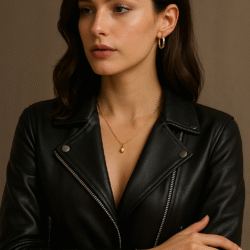 How to Style Fine Jewelry with Leather Jackets: The New Language of Modern Luxury A woman wearing a leather jacket and a gold necklace.