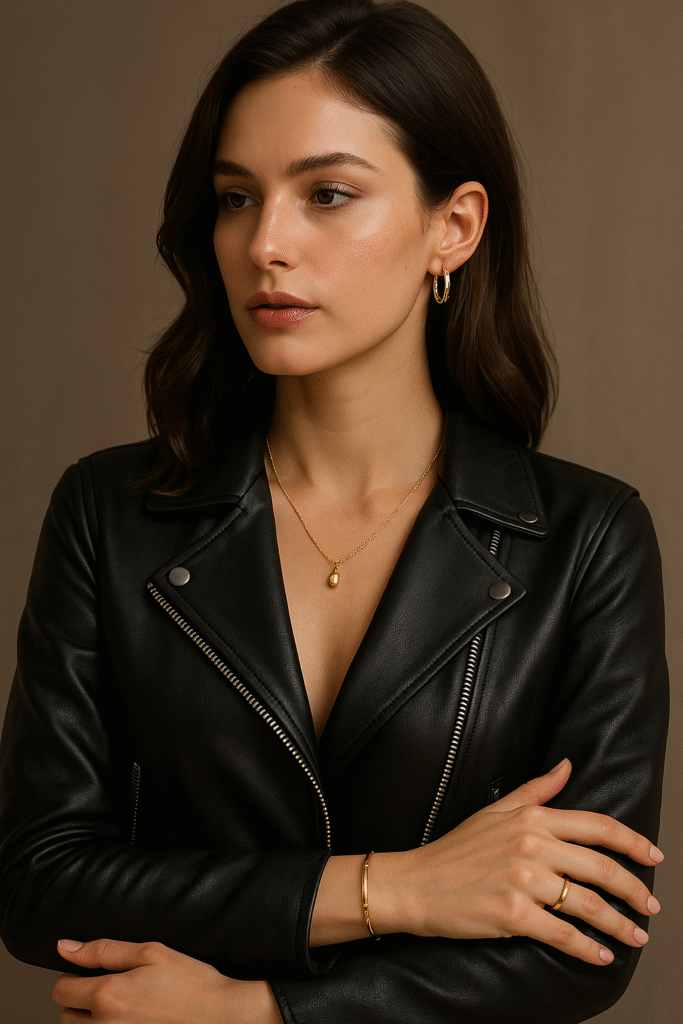 A woman wearing a leather jacket and a gold necklace.